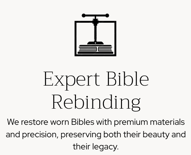 Advertisement for expert Bible rebinding services with a black and white illustration of a book being bound.